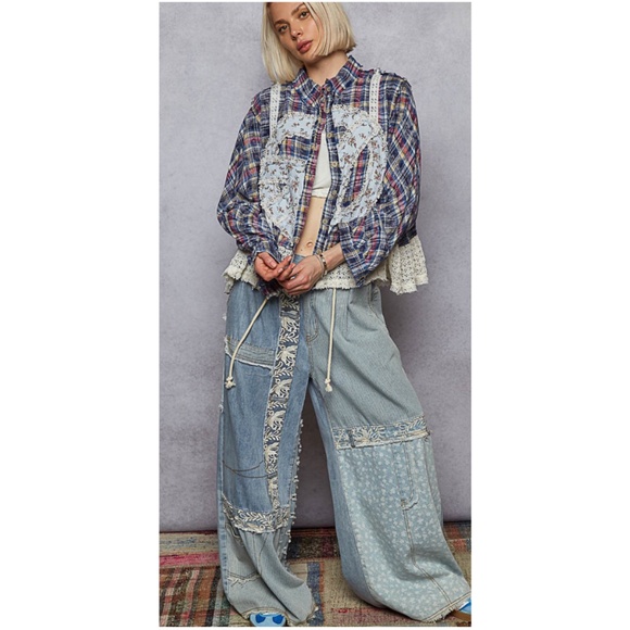 POL Blue Mix Plaid Floral Print Peace Patchwork Long Sleeve Button Up Shirt  Cot - Picture 4 of 4